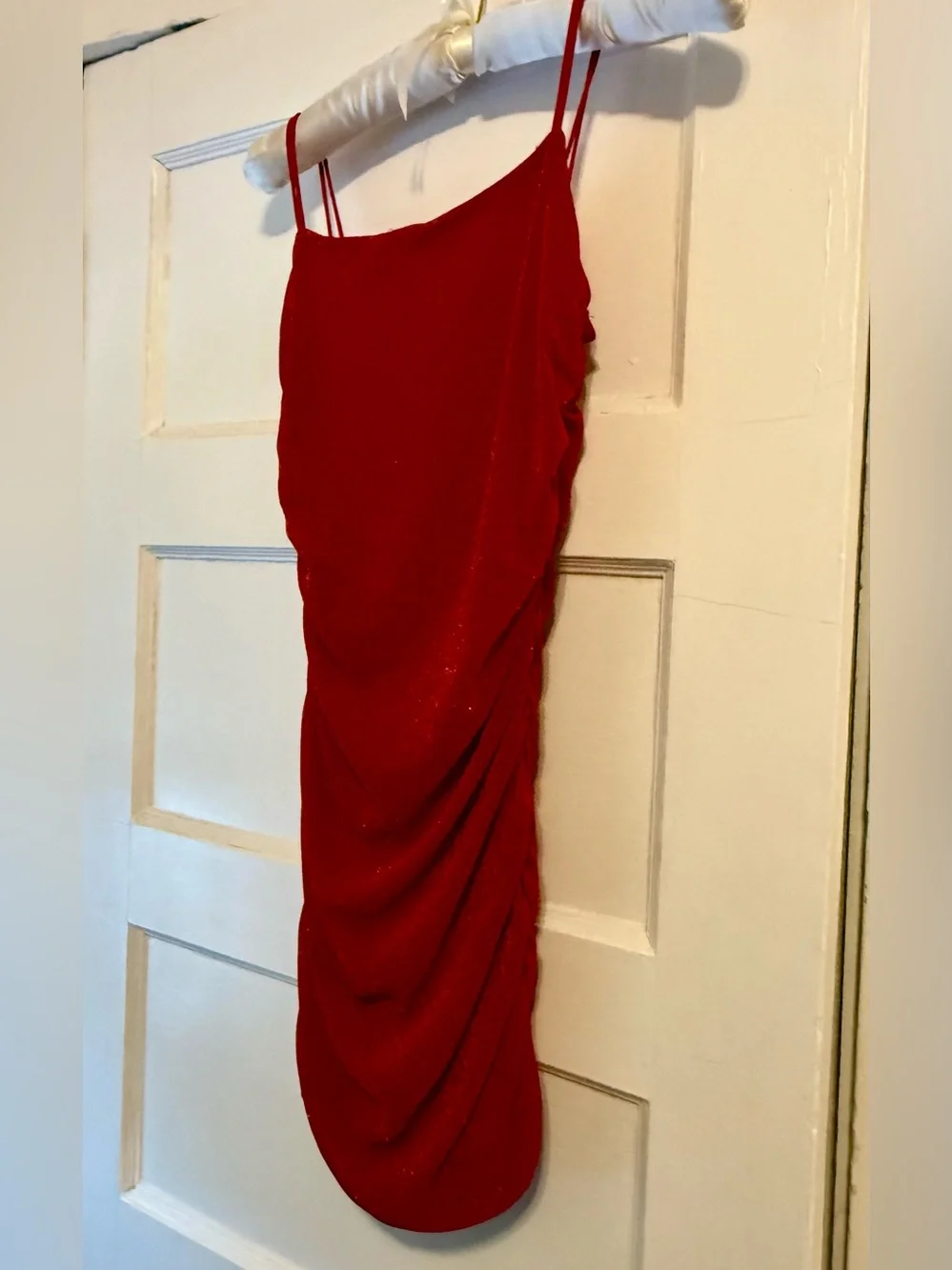 Red Ruched Bodycon Mini Dress Red Sparkle size Small - Picture 6 of 9